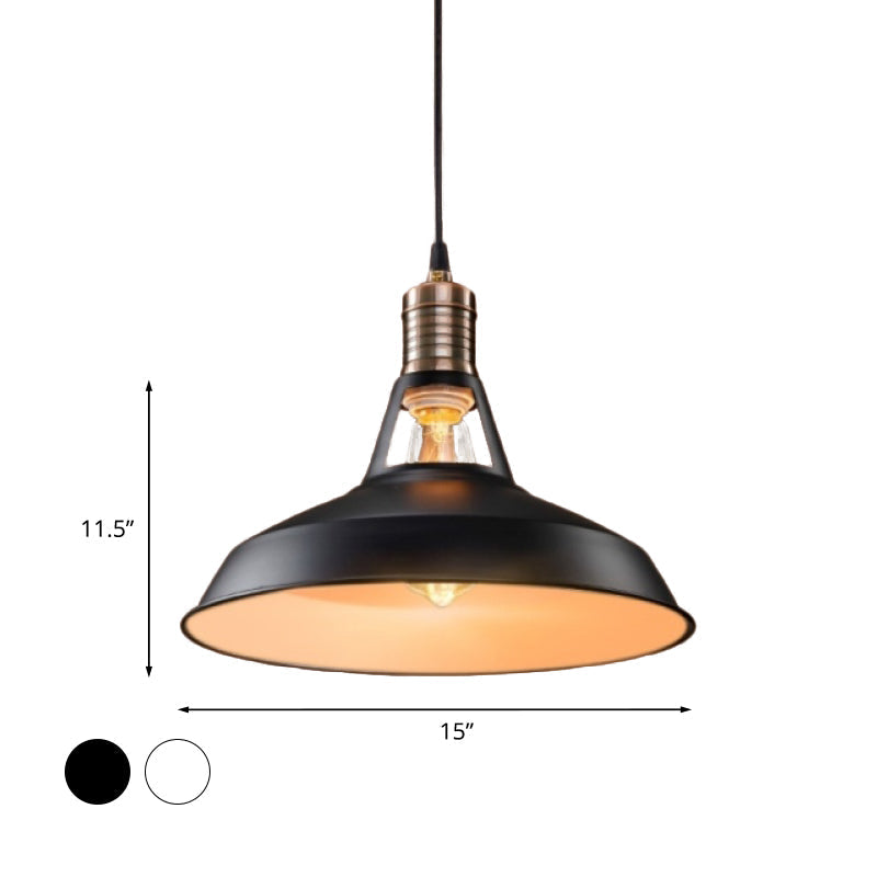 Rustic Barn Pendant Light - Vintage Style 1-Bulb Suspension Lamp In Black/White 10.5/12/15 Inch