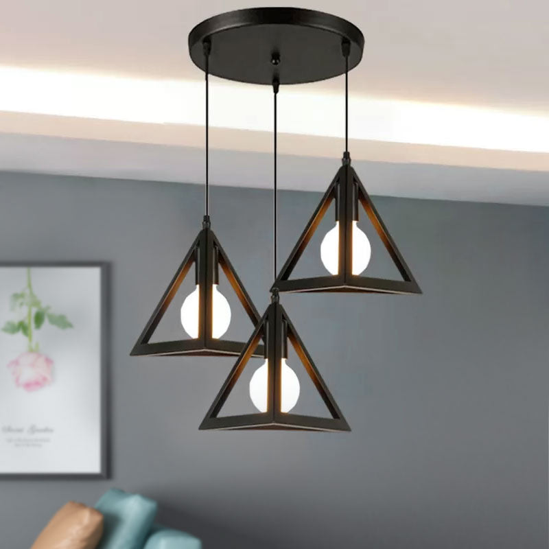 Retro Industrial Hanging Lamp With Wire Guard And Canopy In Black/White - 3 Heads Pendant Lighting