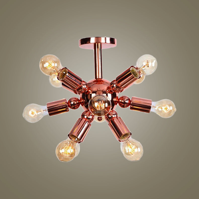 Vintage Copper Finish 6/9 Lights Starburst Semi Flush Ceiling Light For Bedroom