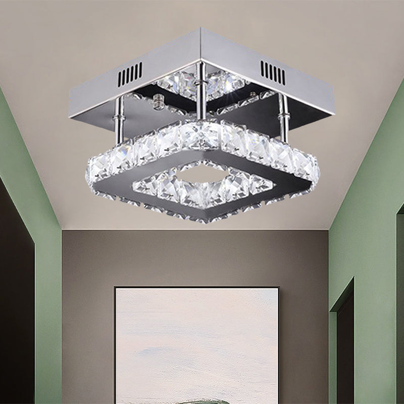 Modern Gold/Stainless - Steel Led Square Ceiling Lamp With Clear Faceted Crystal Blocks And