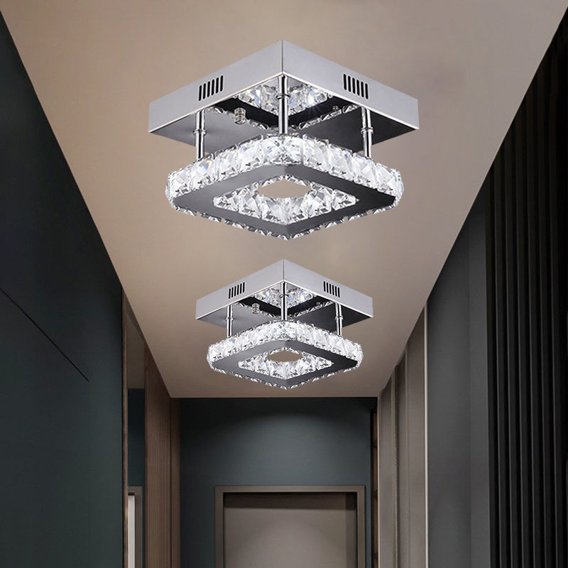 Modern Gold/Stainless - Steel Led Square Ceiling Lamp With Clear Faceted Crystal Blocks And