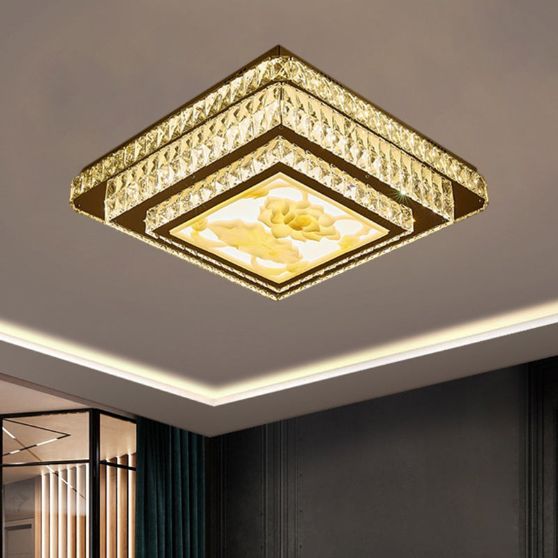 Modern Stainless-Steel Flush Mount Bedroom Led Ceiling Light With Clear Rectangular-Cut Crystals