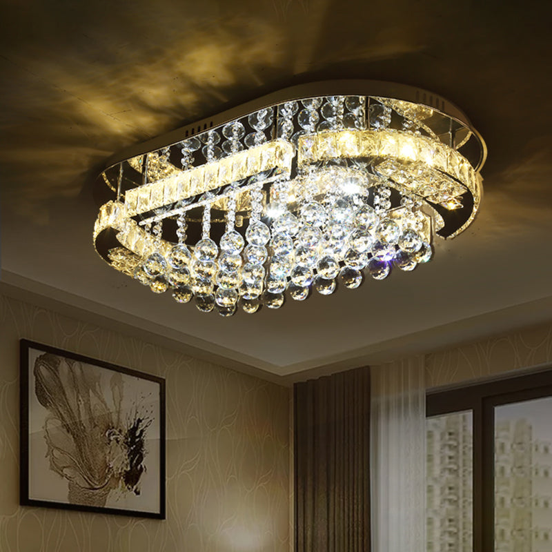 Sleek Stainless - Steel Led Light Fixture With Clear Cut Crystal Blocks And Oval Semi Flush Design