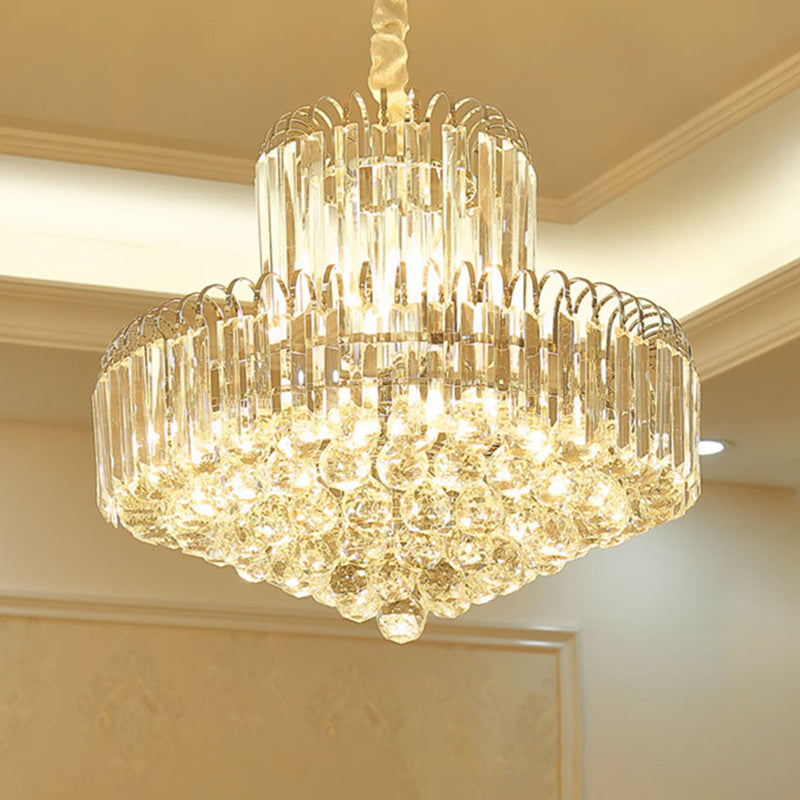 Lustre conique moderne doré avec abat-jour en cristal transparent - Luminaire suspendu à 6/8 ampoules