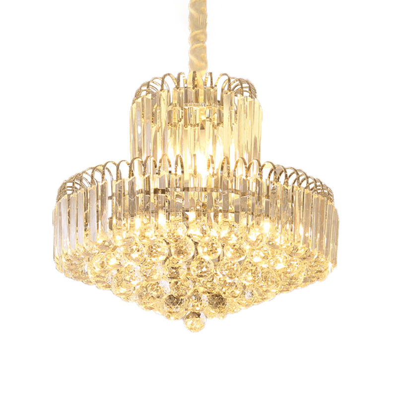 Lustre conique moderne doré avec abat-jour en cristal transparent - Luminaire suspendu à 6/8 ampoules