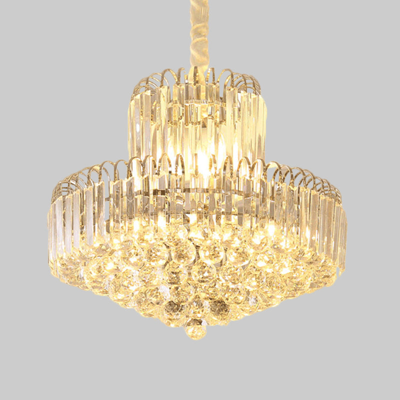 Lustre conique moderne doré avec abat-jour en cristal transparent - Luminaire suspendu à 6/8 ampoules