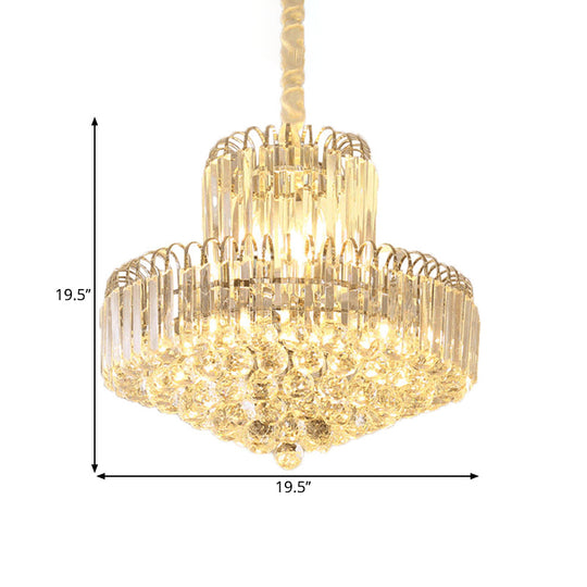 Lustre conique moderne doré avec abat-jour en cristal transparent - Luminaire suspendu à 6/8 ampoules
