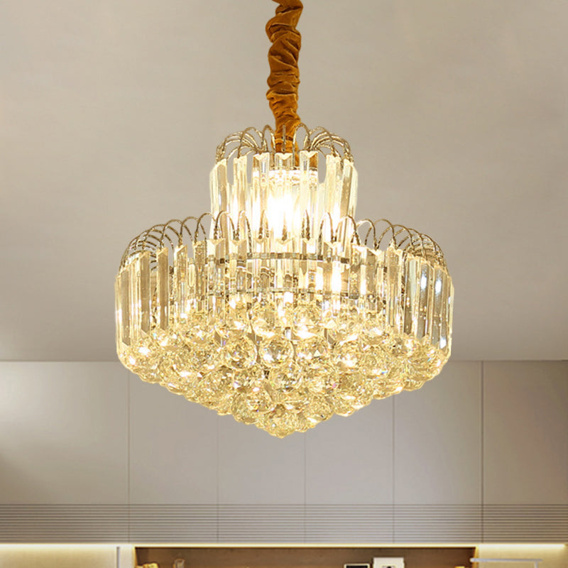Lustre conique moderne doré avec abat-jour en cristal transparent - Luminaire suspendu à 6/8 ampoules