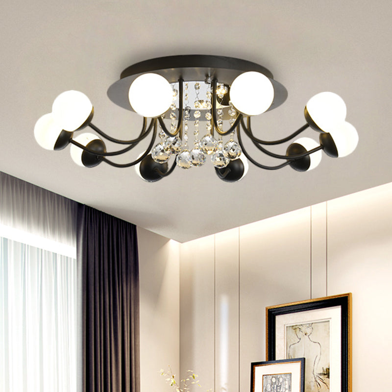 Hand-Cut Crystal Sphere Ceiling Light With Modern Design: 10/12-Head Black/White Mounting For Parlor