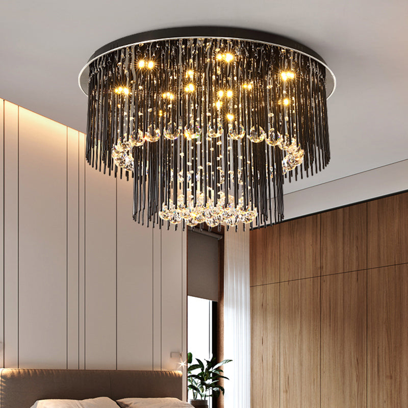 Contemporary Dual - Tiered Led Ceiling Flush Mount Light Fixture In Sleek Black - Crystal Orbs
