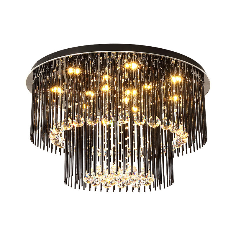 Contemporary Dual - Tiered Led Ceiling Flush Mount Light Fixture In Sleek Black - Crystal Orbs