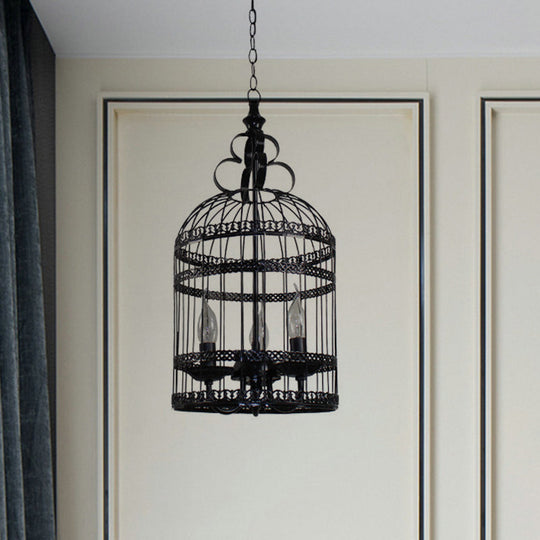 Industrial Style Bird Cage Hanging Light With Candle - Black Metallic Chandelier Lamp For Bedroom