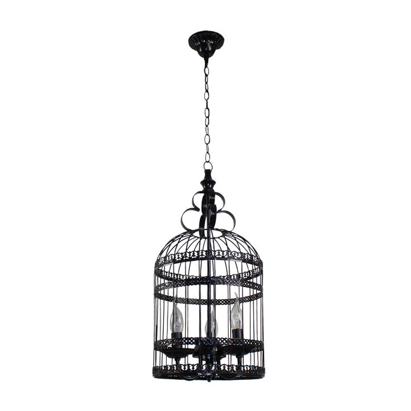 Industrial Style Bird Cage Hanging Light With Candle - Black Metallic Chandelier Lamp For Bedroom