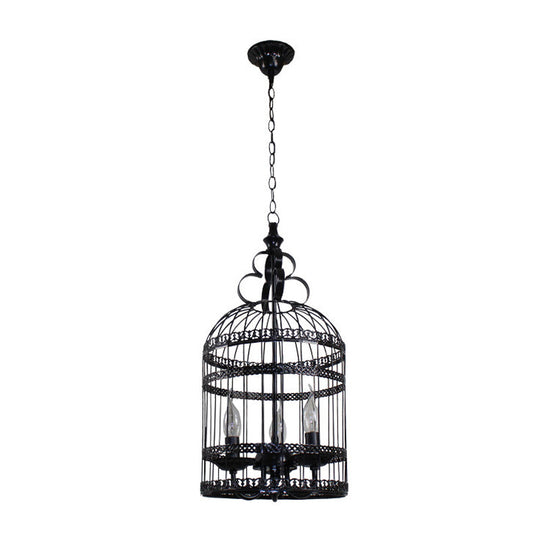 Industrial Style Bird Cage Hanging Light With Candle - Black Metallic Chandelier Lamp For Bedroom