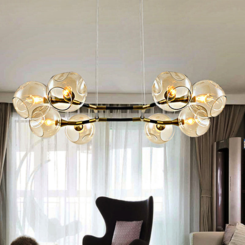 Modern Metal Multi-Light Branch Chandelier Pendant Lamp With Amber Blown Glass Ball Shade