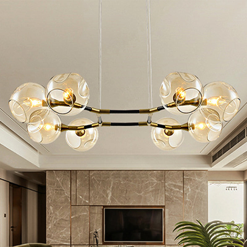 Modern Metal Multi-Light Branch Chandelier Pendant Lamp With Amber Blown Glass Ball Shade