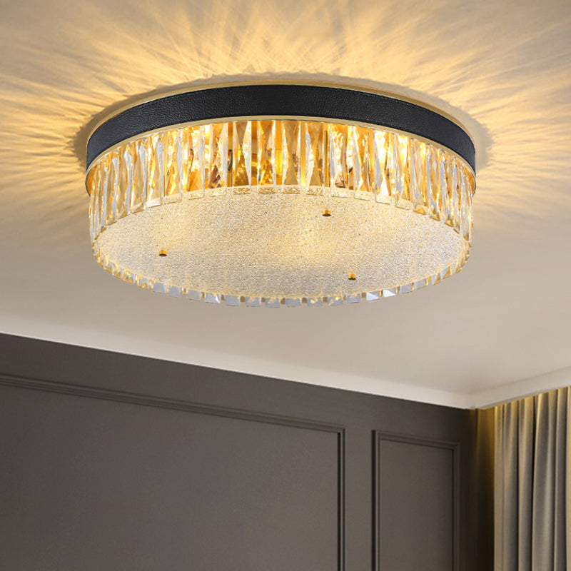 Contemporary Crystal Flush Mount Light In Gold 3/4 Heads Rectangle-Cut Drum Shape 12/16 Width / 12