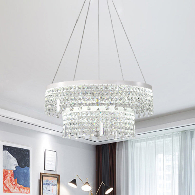 Contemporary Crystal Led Chandelier Lamp With Dual-Tiered Ring Design – Silver Suspension