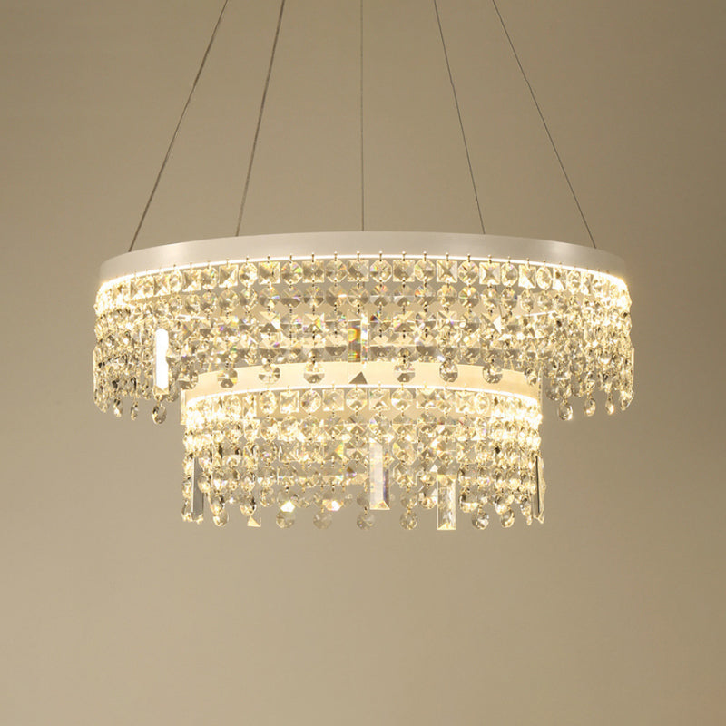 Contemporary Crystal Led Chandelier Lamp With Dual-Tiered Ring Design – Silver Suspension