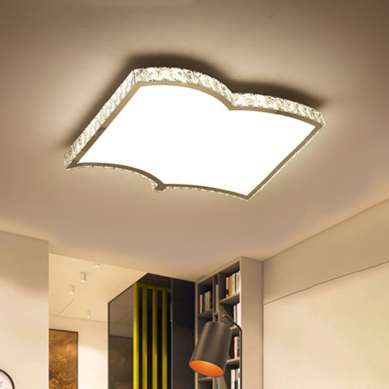 Contemporary Chrome Led Flush Mount Ceiling Lamp: Book-Shape Design Crystal Cut Ideal For Study