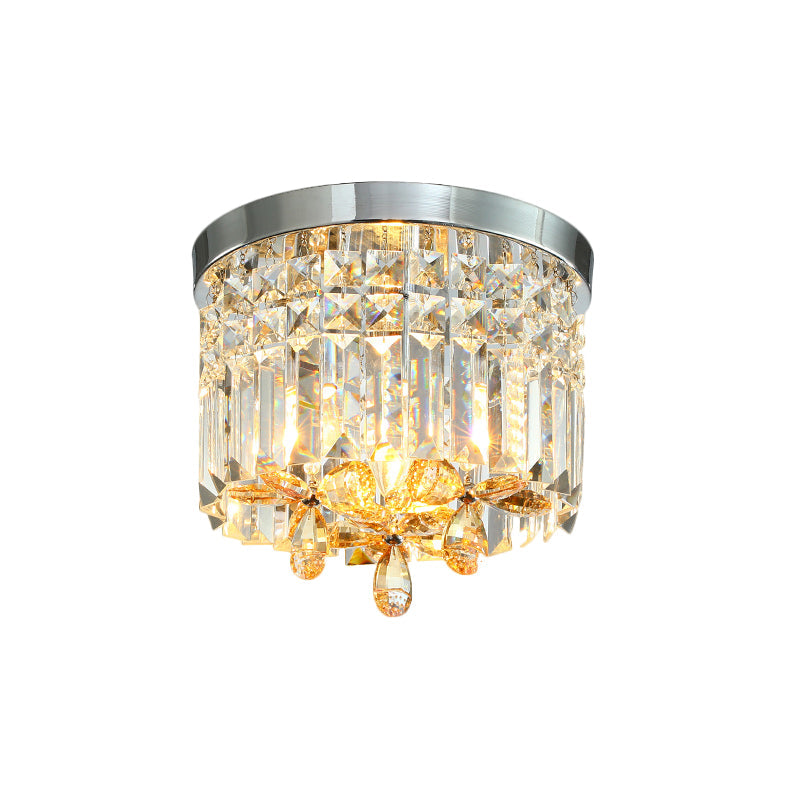 Chrome Cylinder Crystal Led Flush Light For Doorway - 10’/15.5’ Wide
