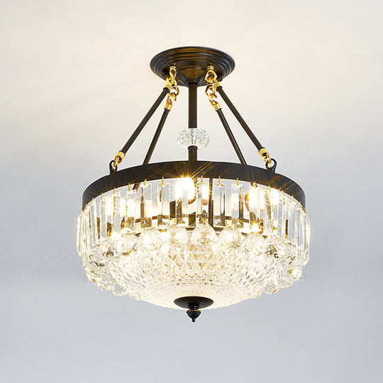 Contemporary Crystal Bowl Semi Flush Light - 4/6 Heads 14.5’/18.5’ Width Ceiling Mount Black Frame