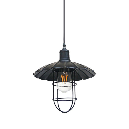 1 Head Black Metal Wire Guard Pendant Light With Nautical Scalloped Shade For Stylish Restaurant