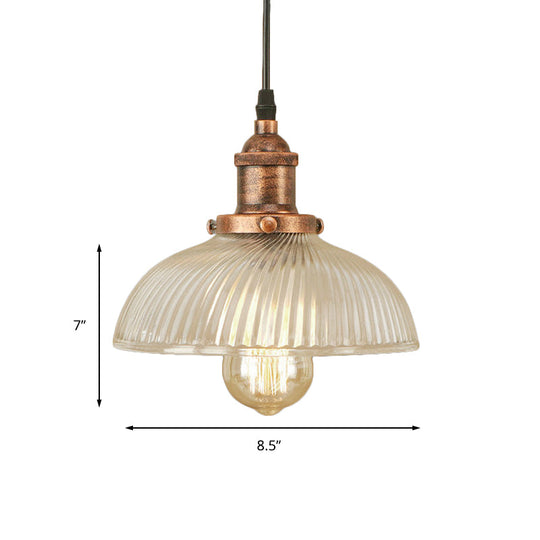 1-Light Ribbed Glass Dome Pendant Ceiling Light For Industrial & Rustic Settings.