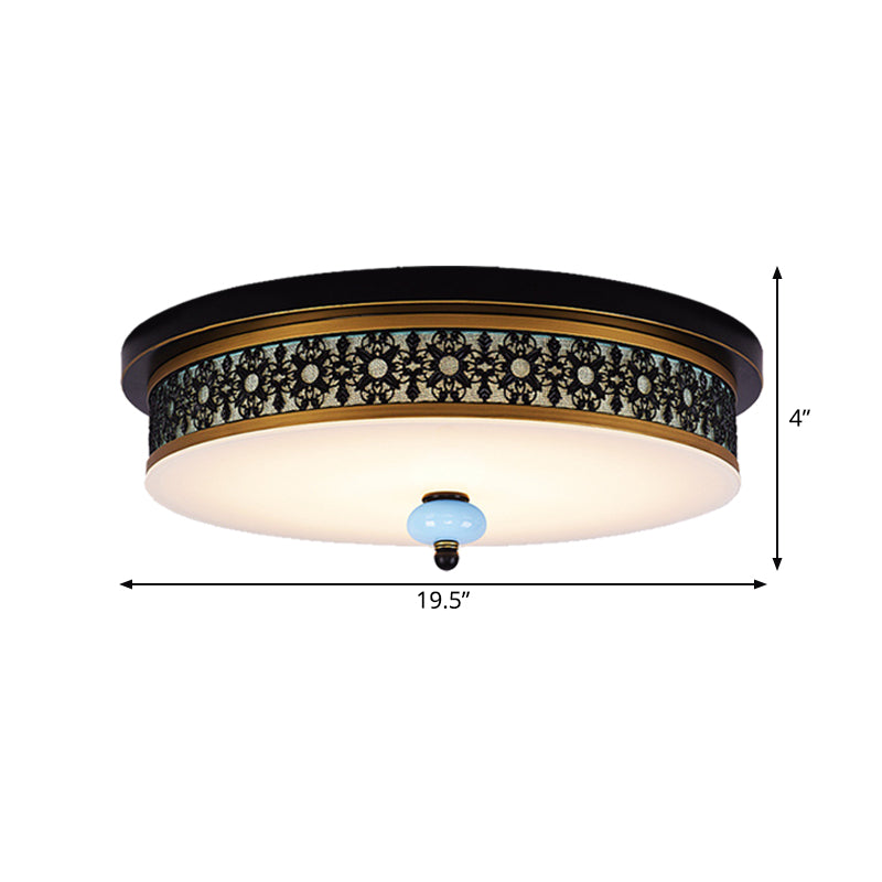 16’ - 19.5’ W Led Flush Mount Ceiling Light Fixture | Black - Gold Opal Glass Drum Dining Hall