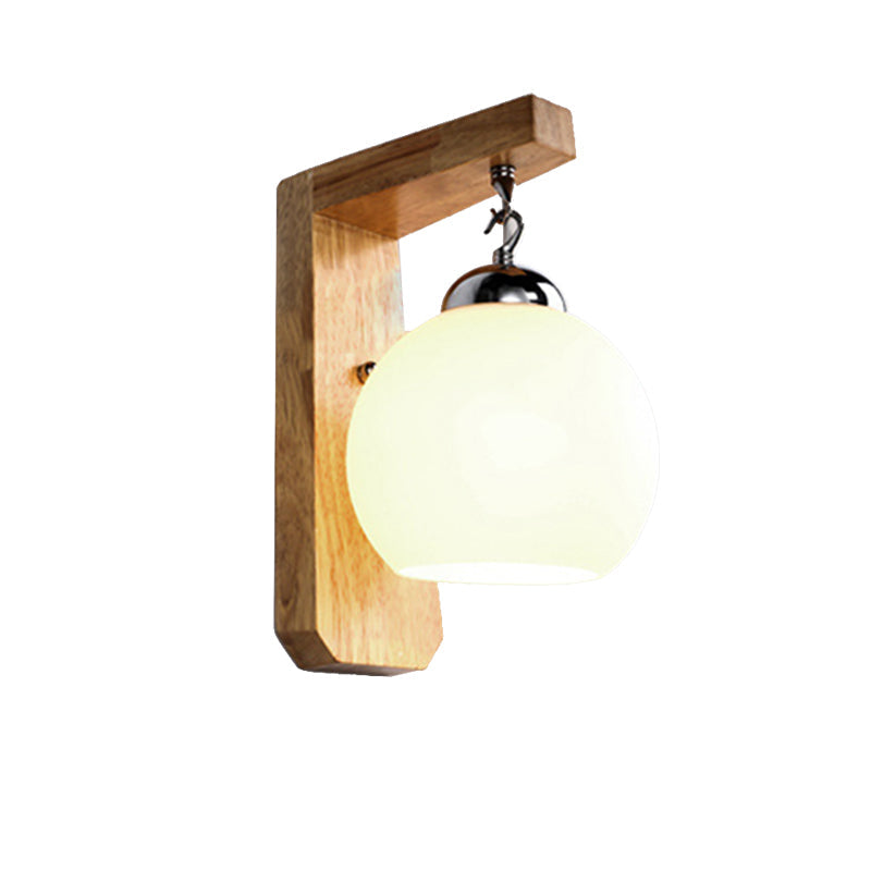 Modern Opal Glass Globe Wall Light With Wood Base - White Sconce For Bedroom