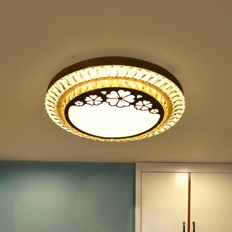 Contemporary Round Led Ceiling Flush Mount With Clear Cut Crystal & Elegant Floral/Cubical Pattern