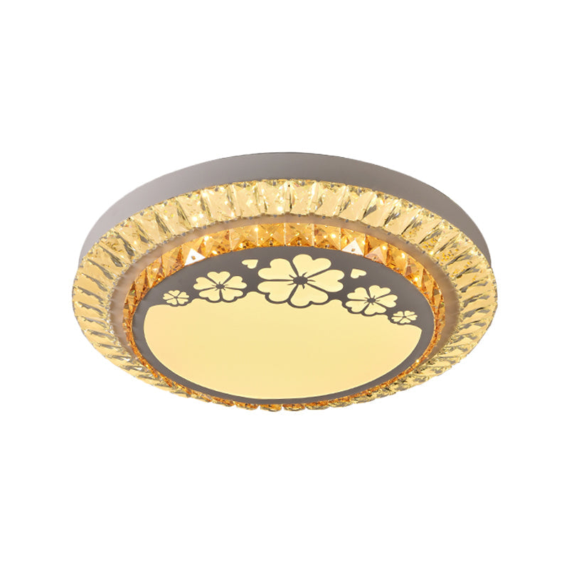Contemporary Round Led Ceiling Flush Mount With Clear Cut Crystal & Elegant Floral/Cubical Pattern