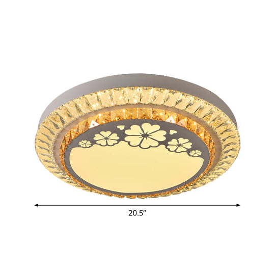 Contemporary Round Led Ceiling Flush Mount With Clear Cut Crystal & Elegant Floral/Cubical Pattern