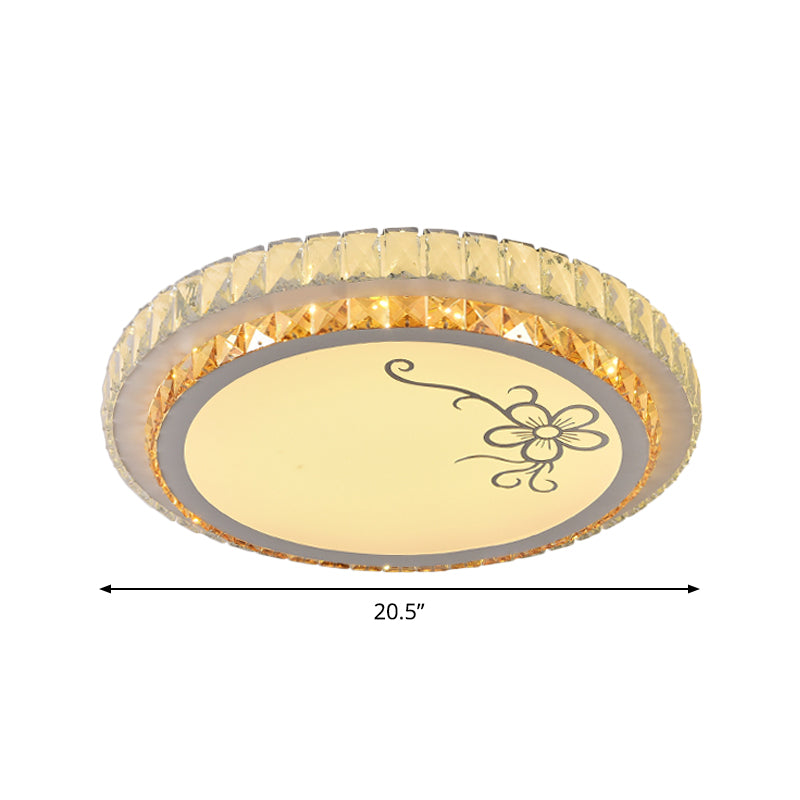 Contemporary Round Led Ceiling Flush Mount With Clear Cut Crystal & Elegant Floral/Cubical Pattern