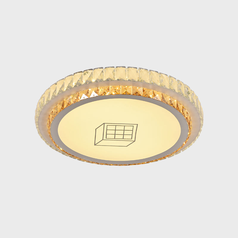 Contemporary Round Led Ceiling Flush Mount With Clear Cut Crystal & Elegant Floral/Cubical Pattern