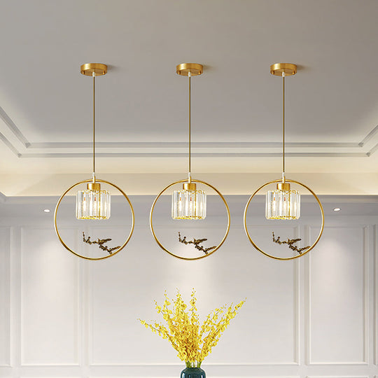 Modern Gold Circle Pendant With Crystal Cylinder Down Lighting For Dining Room – Includes
