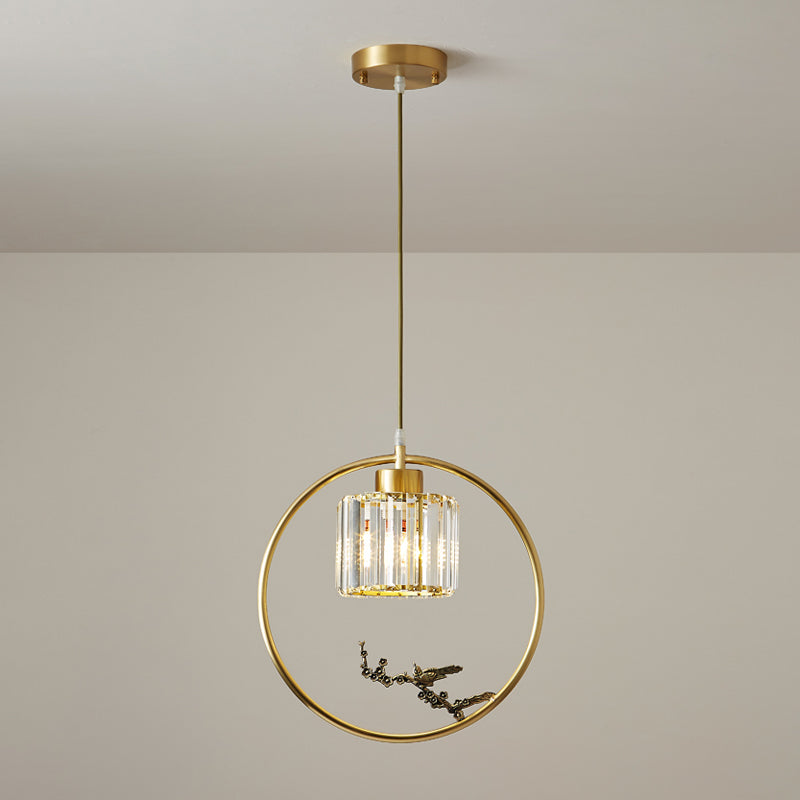Modern Gold Circle Pendant With Crystal Cylinder Down Lighting For Dining Room – Includes
