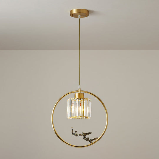 Modern Gold Circle Suspension Pendant With Decorative Bird/Dragonfly - Crystal Cylinder Dining Room