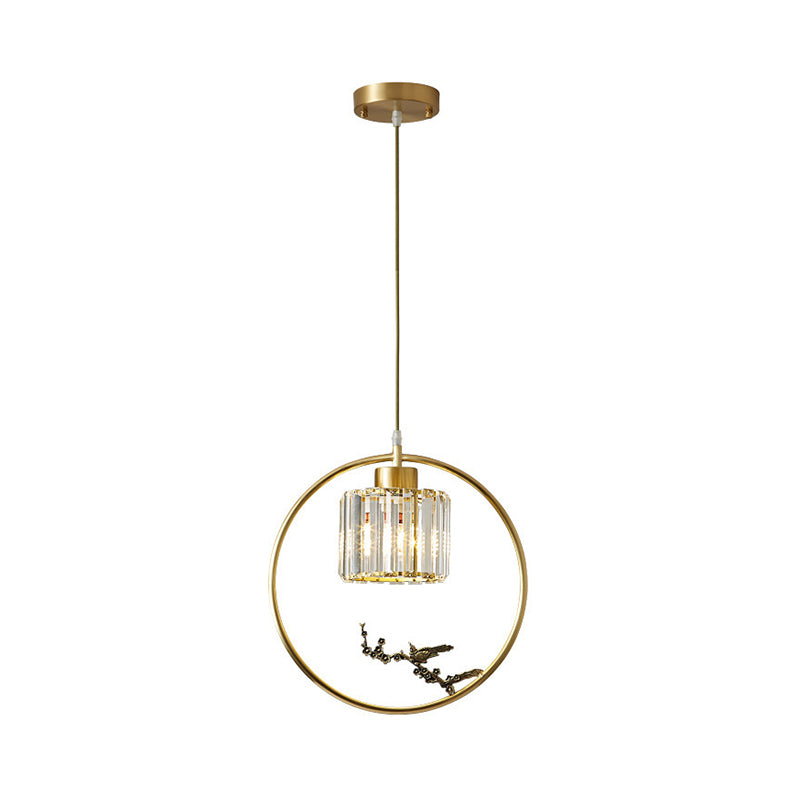 Modern Gold Circle Suspension Pendant With Decorative Bird/Dragonfly - Crystal Cylinder Dining Room