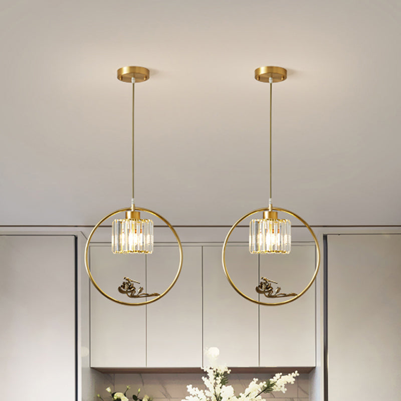 Modern Gold Circle Suspension Pendant With Decorative Bird/Dragonfly - Crystal Cylinder Dining Room