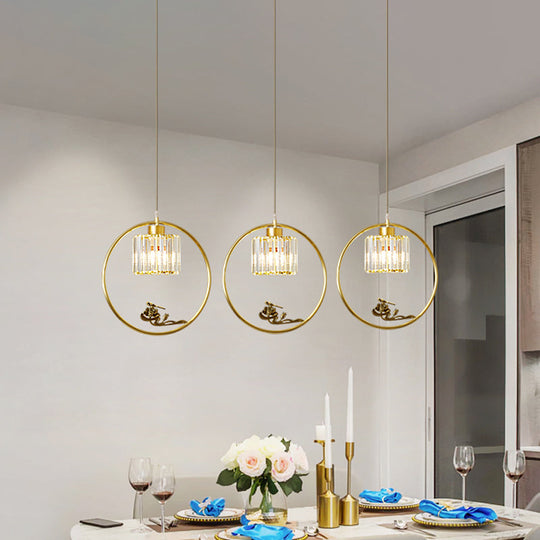 Modern Gold Circle Suspension Pendant With Decorative Bird/Dragonfly - Crystal Cylinder Dining Room