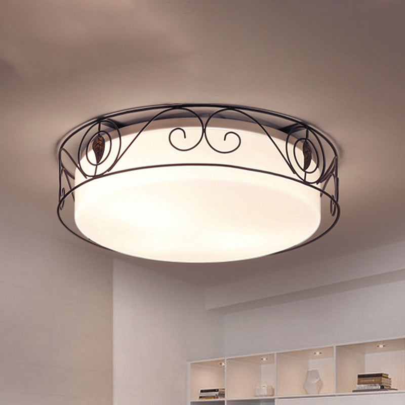 Antique Circular White Glass Flush Mount Light With 4-Heads & Wire Cage