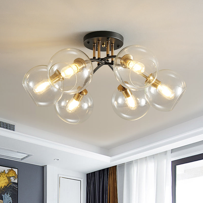 6-Head Vintage Black Semi Flush Mount Ceiling Lighting With Orb Smoke/Clear Glass Shade At 6 Heads