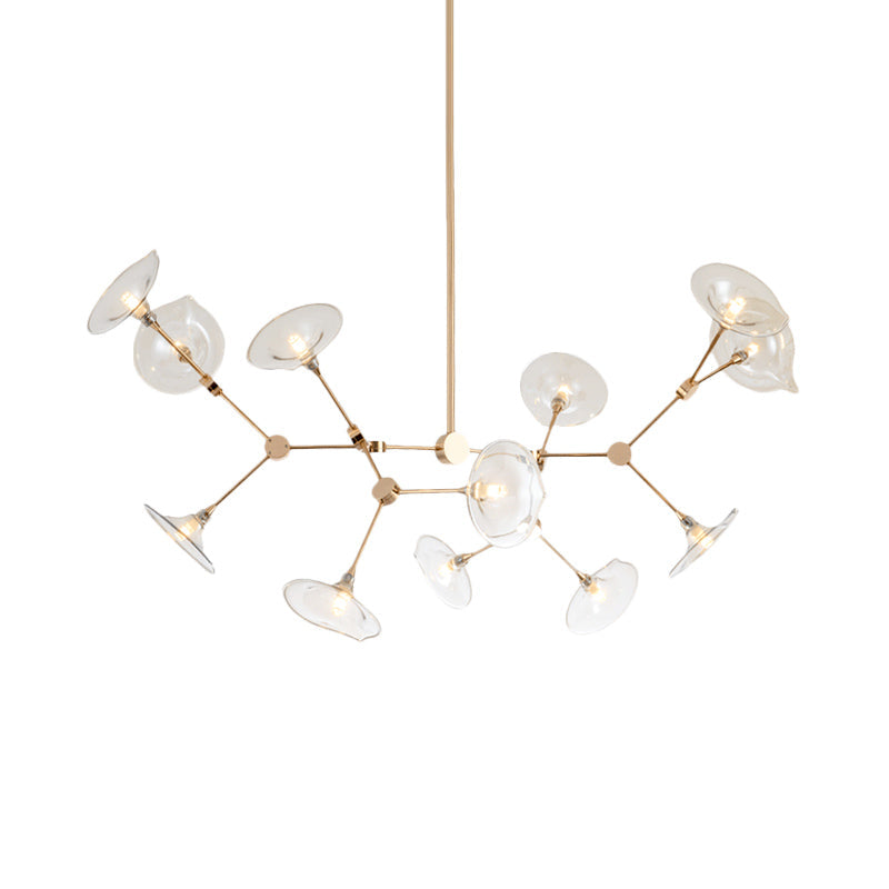 Modern Gold Chandelier With Flared Cognac Glass Shades - 12 Heads Pendant Light For Living Room