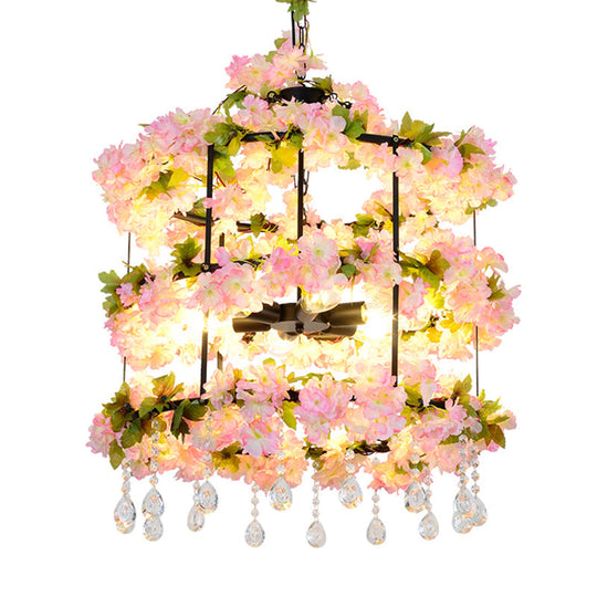 Iron Chandelier With Antique Black Finish Cylindrical Cage Design Crystal Drops And 6 Bulbs -