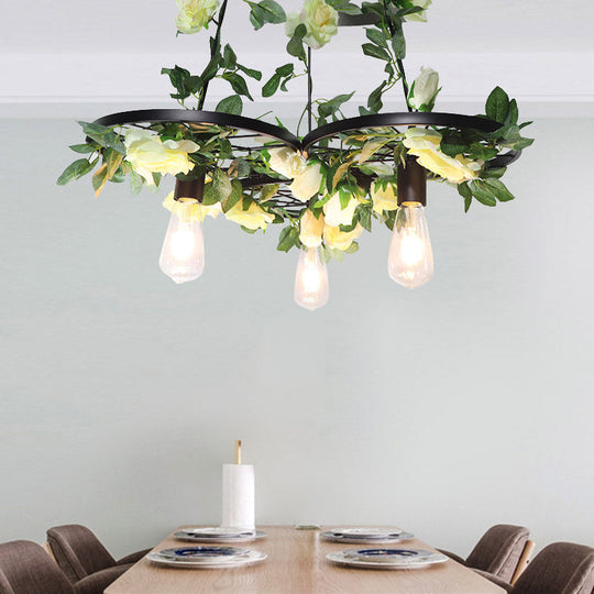 Retro Wheel Iron Chandelier Pendant Light With Plant Decor - Black 3/6 Heads 3 /