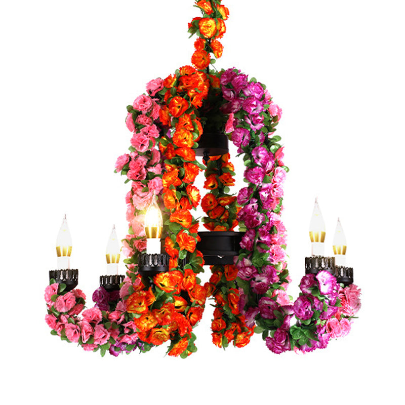 Black Iron 6-Head Candle Chandelier With Floral Decor - Suspended Warehouse Lighting Fixture