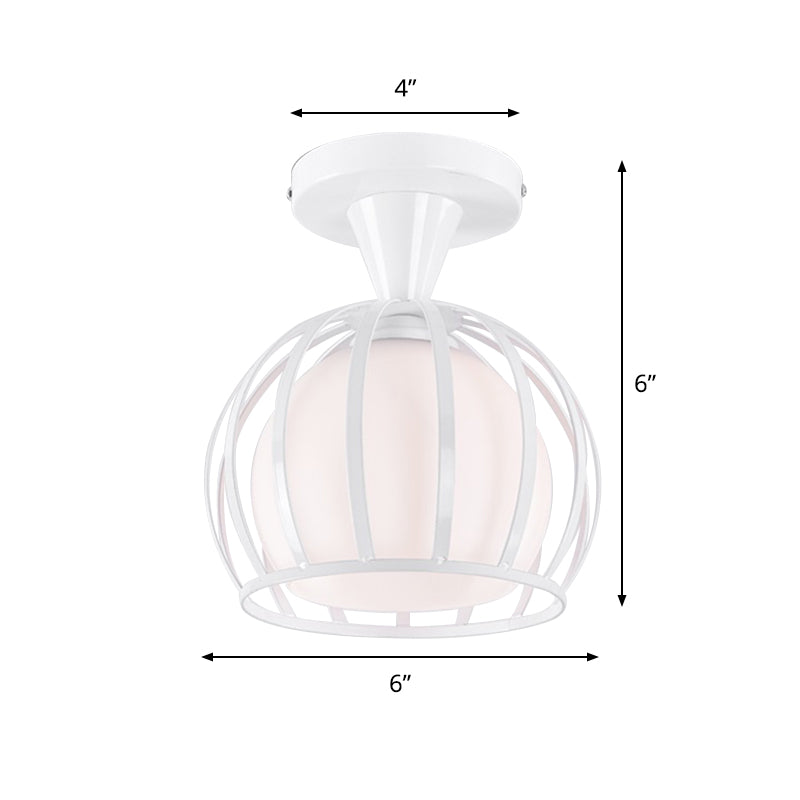 Modern Opal Glass Ceiling Mount Light - Half Globe Semi Flush White With Wire Cage Guard
