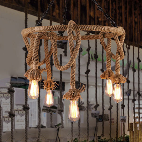 Hemp Rope Brown Pendant Chandelier - 6-Light Countryside Ceiling Light For Restaurant