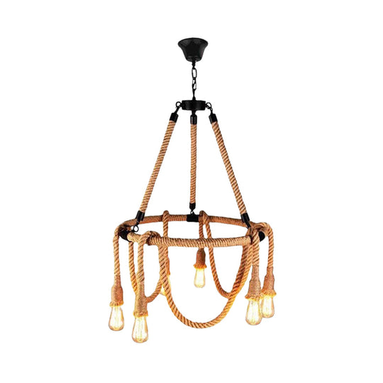Hemp Rope Brown Pendant Chandelier - 6-Light Countryside Ceiling Light For Restaurant